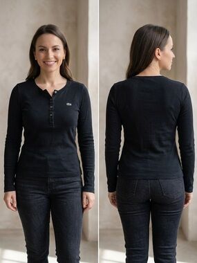 Lacoste Black Piqué Cotton Henley Long Sleeve Shirt Embroidered Logo